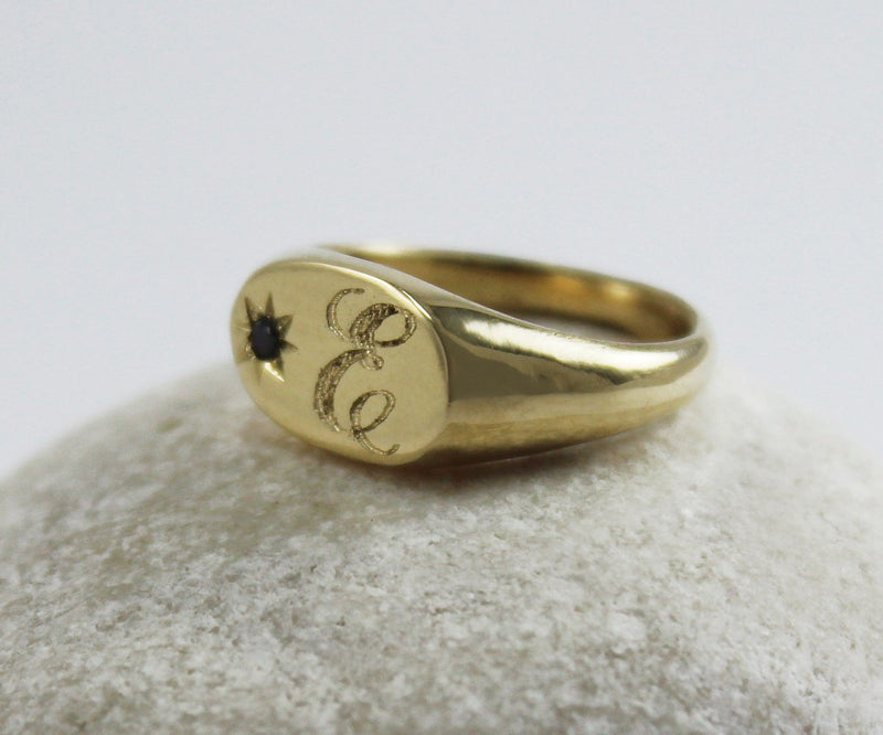 Gold signet ring with diamond Engraved ring Initial ring Oval signet ring Personalized signet ring